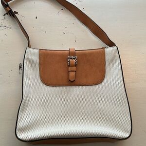 Vtg Adrienne Vittadini Shoulder Handbag M Cream Perforated Brown Leather